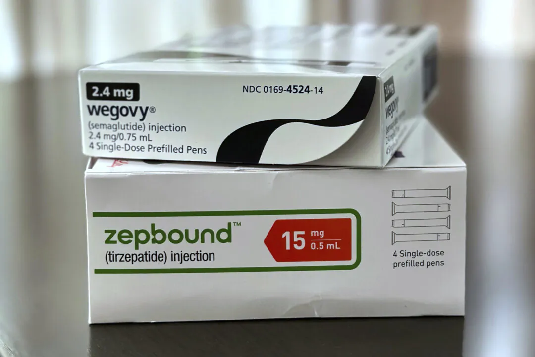 Boxes for the medications Wegovy and Zepbound in California on May 8, 2025. (JoNel Aleccia/AP Photo)