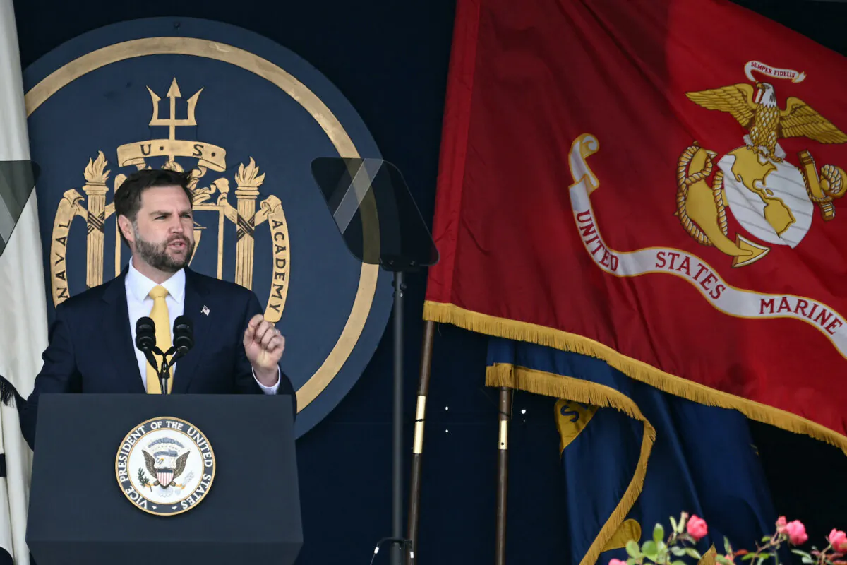 Vice President JD Vance delivers the commencement address at the 2025 US Naval Academy graduation in Annapolis, Md., on May 23, 2025. (Brendan Smialowski/AFP via Getty Images)