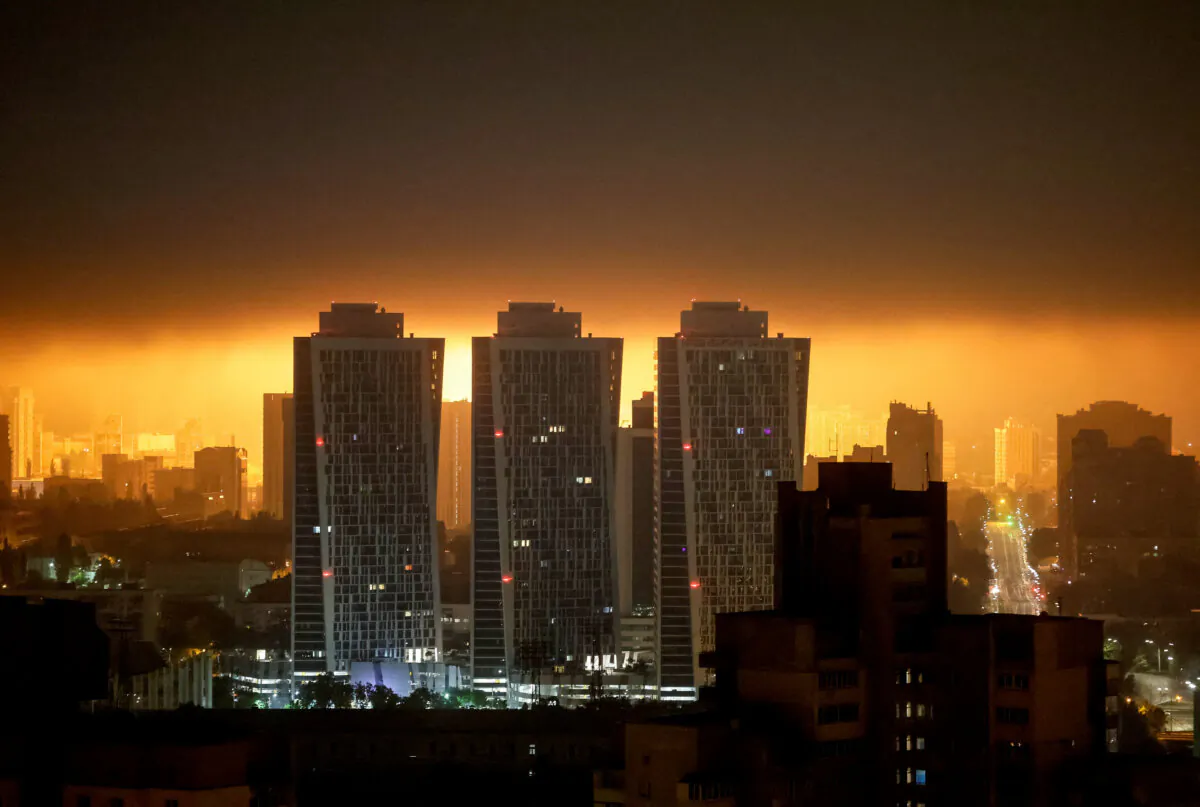 An explosion of a drone lights up the sky over the city during a Russian drone strike, in Kyiv, Ukraine, on May 25, 2025. (Gleb Garanich/Reuters)