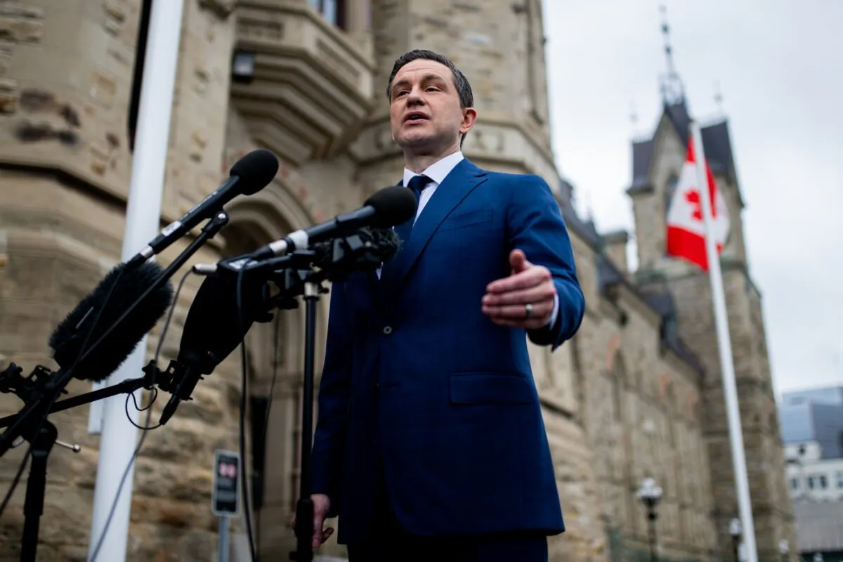 Conservative Party Leader Pierre Poilievre speaks to reporters outside of West Block on Parliament Hill in Ottawa on May 15, 2025. (The Canadian Press/Spencer Colby)