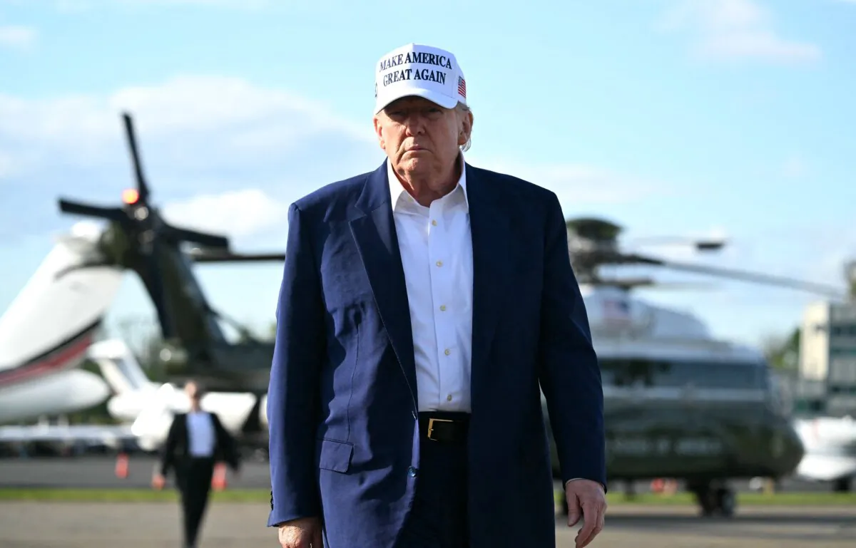 President Donald Trump walks to speak to journalists before boarding Air Force One from Morristown Municipal Airport in Morristown, N.J., on May 25, 2025, after spending the weekend in New Jersey. (Saul Loeb/AFP via Getty Images)