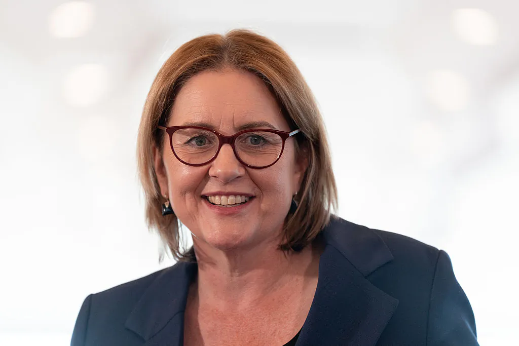 Victorian Premier Jacinta Allan reacts during the budget lock up in Melbourne, Australia, on May 20, 2025. (Asanka Ratnayake/Getty Images)
