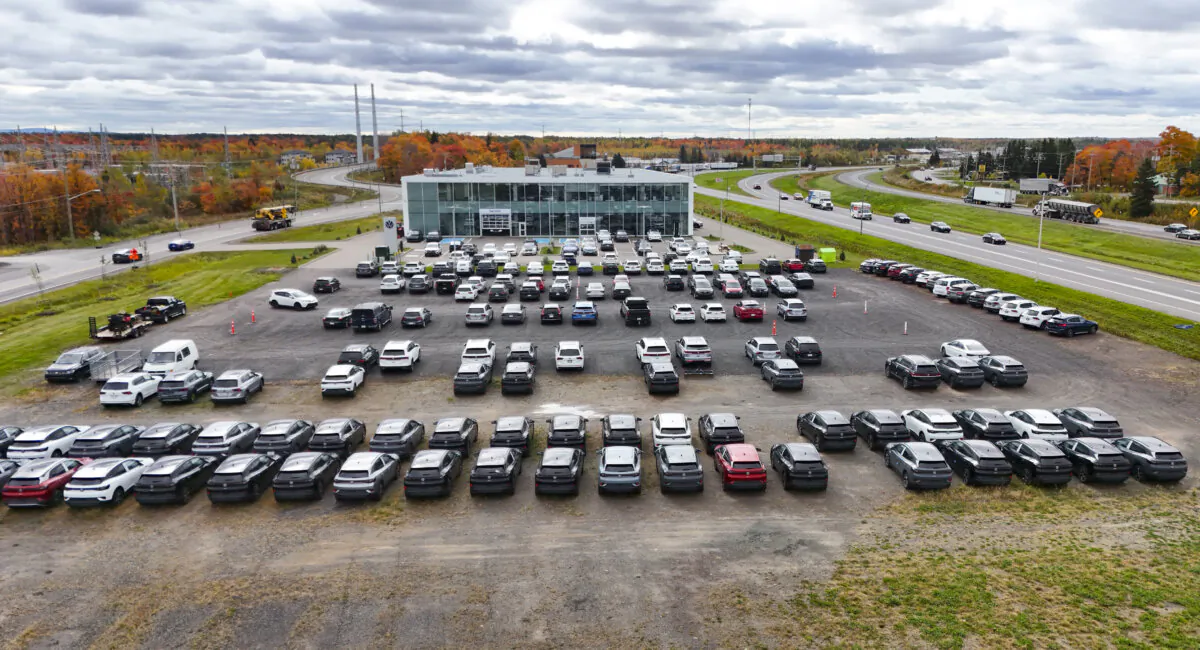 New cars are lined up at a dealership on in Levis, Que., on Oct. 11, 2024. (The Canadian Press/Jacques Boissinot)