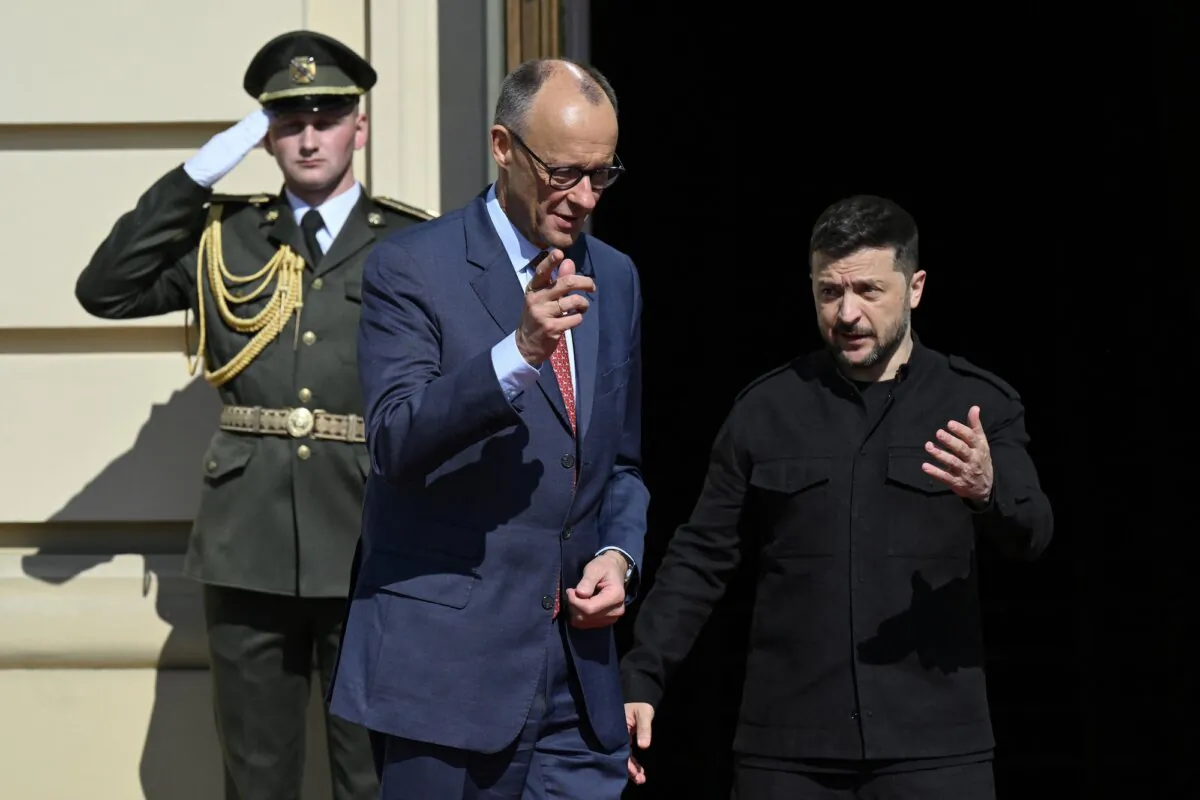 Ukrainian President Volodymyr Zelenskyy (R) welcomes German Chancellor Friedrich Merz in Kyiv, Ukraine, on May 10, 2025. (Genya Savilov/AFP via Getty Images)