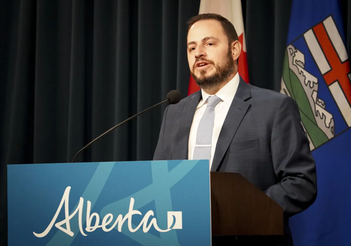 Alberta Education Minister Demetrios Nicolaides speaks at a press conference in Calgary on May 26, 2025. (Carolina Avendano/The Epoch Times)