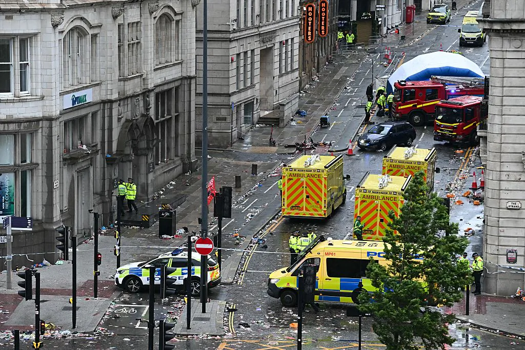 The aftermath of the ramming incident on the sidelines of Liverpool F.C.'s Premier League victory parade, in Liverpool, north-west England on May 26, 2025. (Photo by PAUL ELLIS/AFP via Getty Images)