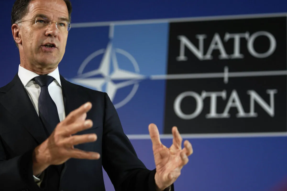 NATO Secretary General Mark Rutte attends a news conference at a NATO's informal meeting of foreign ministers in Antalya, southern Turkey, on May 15, 2025. (The Canadian Press/AP-Khalil Hamra) 