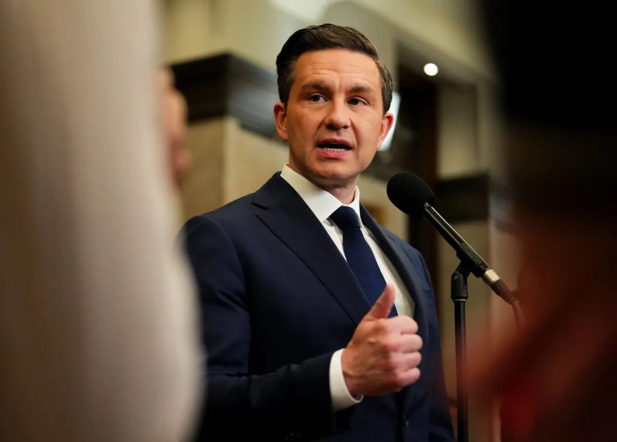 Conservative Leader Pierre Poilievre responds to the speech from the throne during a press conference in the foyer of the House of Commons on Parliament Hill in Ottawa on May 27, 2025. (The Canadian Press/Sean Kilpatrick)