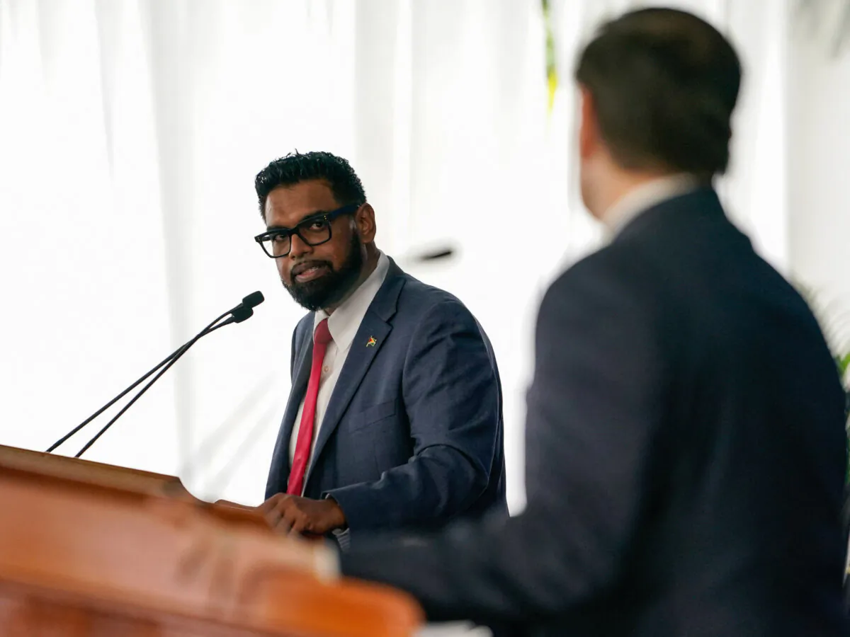 Guyanese President Irfaan Ali, with U.S. Secretary of State Marco Rubio (R) speaks during a press conference in Georgetown, Guyana, March 27, 2025. (Nathan Howard/POOL/AFP via Getty Images)