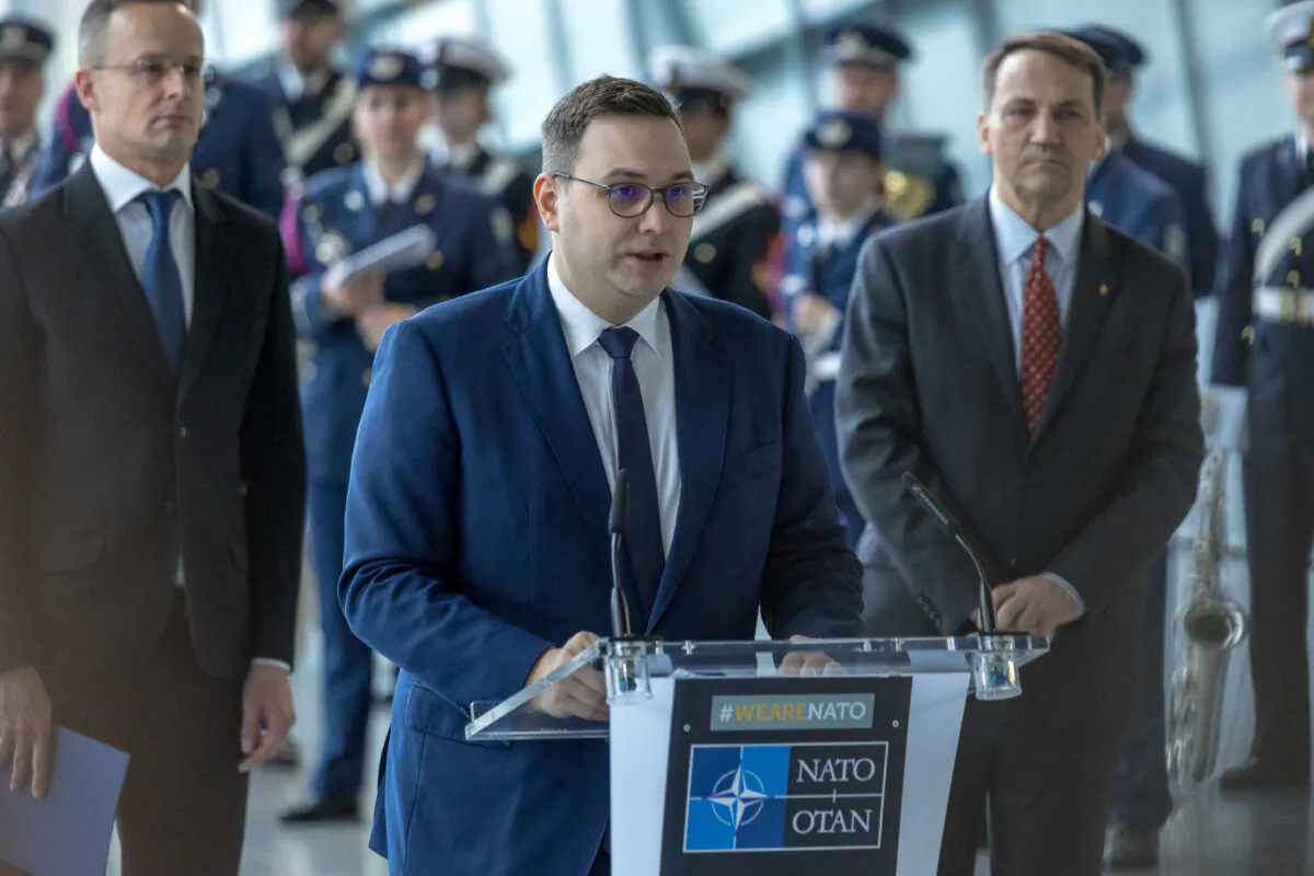 Jan Lipavsky, Czech foreign minister, gives a speech during the alliance's 75th anniversary celebrations at NATO headquarters in Brussels on April 4, 2024. (Omar Havana/Getty Images)
