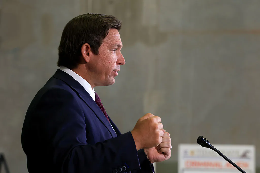 Florida Gov. Ron DeSantis speaks during a press conference in Miramar, Fla., on May 1, 2025. (Joe Raedle/Getty Images)