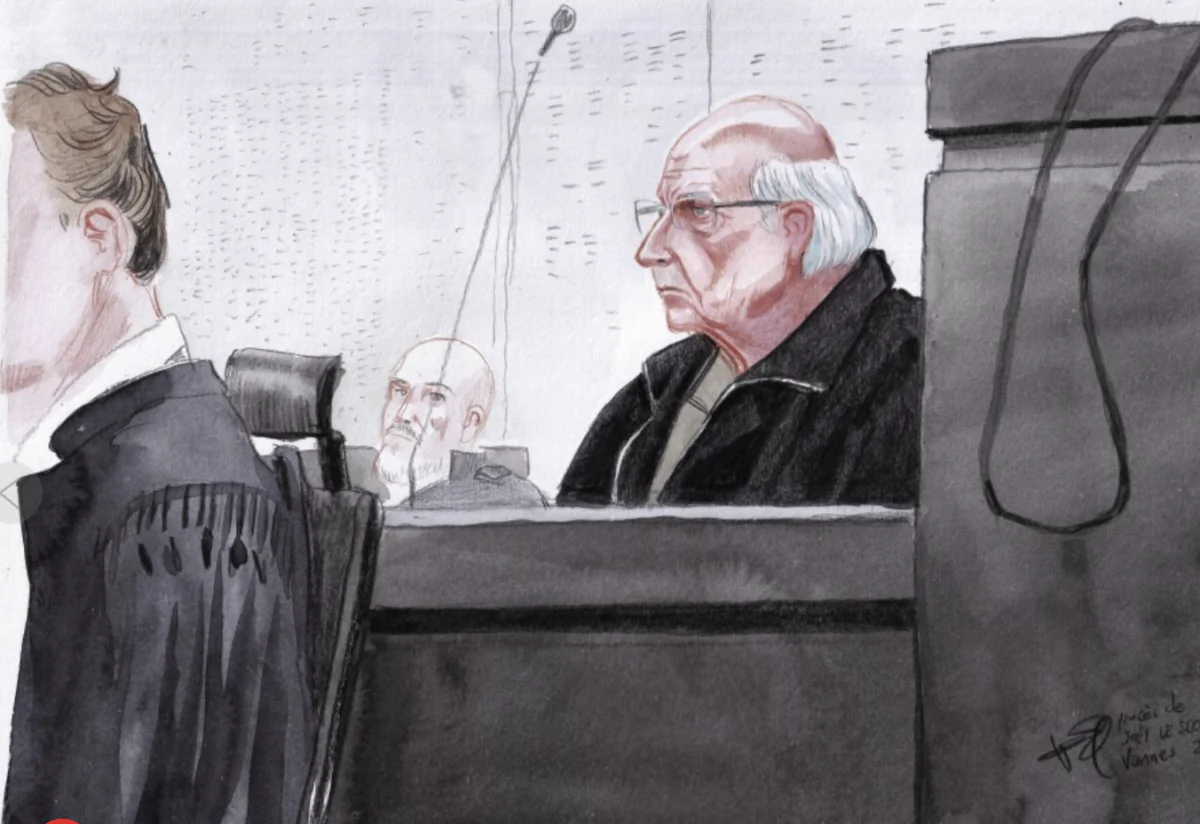 This courtroom sketch by Valentin Pasquier shows Joel Le Scouarnec, now 74, sitting in courtroom and accused of raping or abusing 299 people, mostly child patients, at the Vannes courthouse, western France, on the opening day of his trial on Feb. 24, 2025. (Valentin Pasquier via AP)