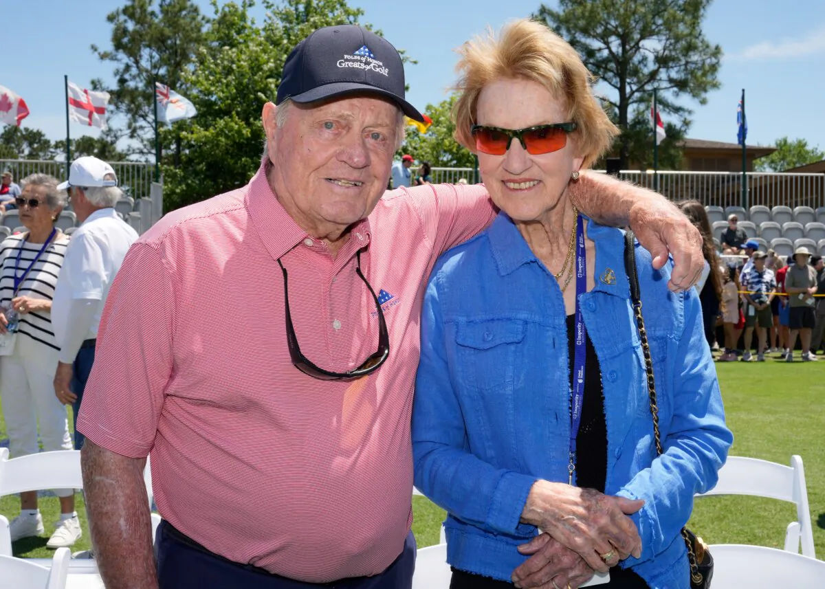 Jack Nicklaus of the United States and wife Barbara Nicklaus pose for a photo on the driving range during the Folds of Honor Greats of Golf exhibition on day two of the Insperity Invitational 2025 at The Woodlands Golf Club in The Woodlands, Texas, on May 3, 2025. (Raj Mehta/Getty Images)