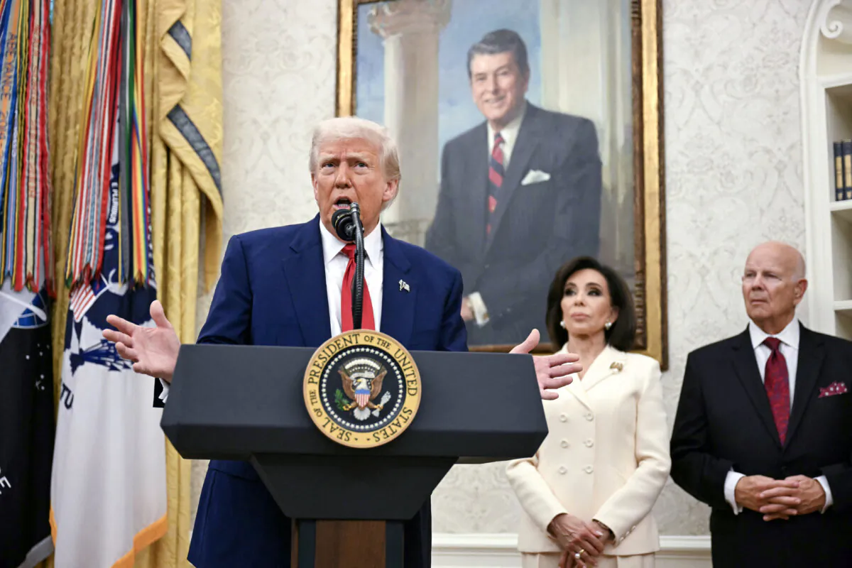 President Donald Trump speaks during a swearing-in ceremony for interim U.S. Attorney for the District of Columbia Jeanine Pirro (2nd R) in the Oval Office on May 28, 2025. (Jim Watson/AFP via Getty Images)