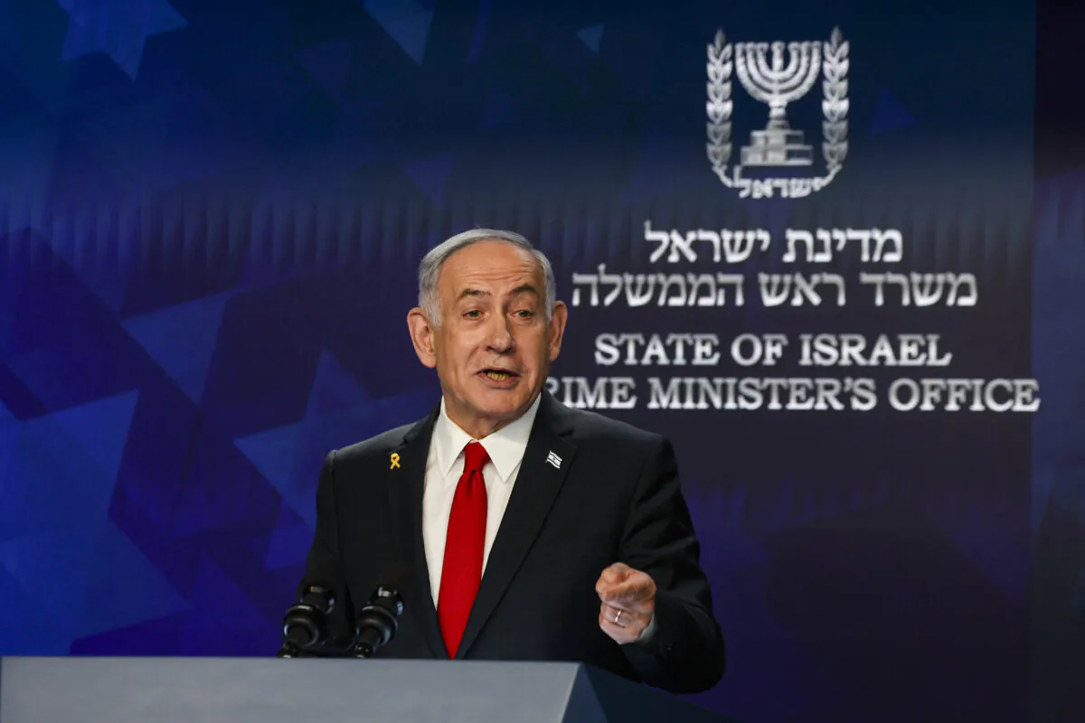 Israeli Prime Minister Benjamin Netanyahu speaks during a press conference in Jerusalem on May 21, 2025. (Ronen Zvulun/Reuters)