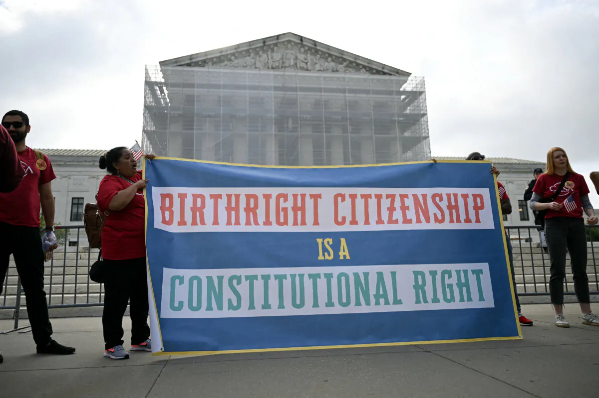 People protest President Donald Trump’s bid to end birthright citizenship outside the Supreme Court in Washington on May 15, 2025. (Drew Angerer/AFP via Getty Images)