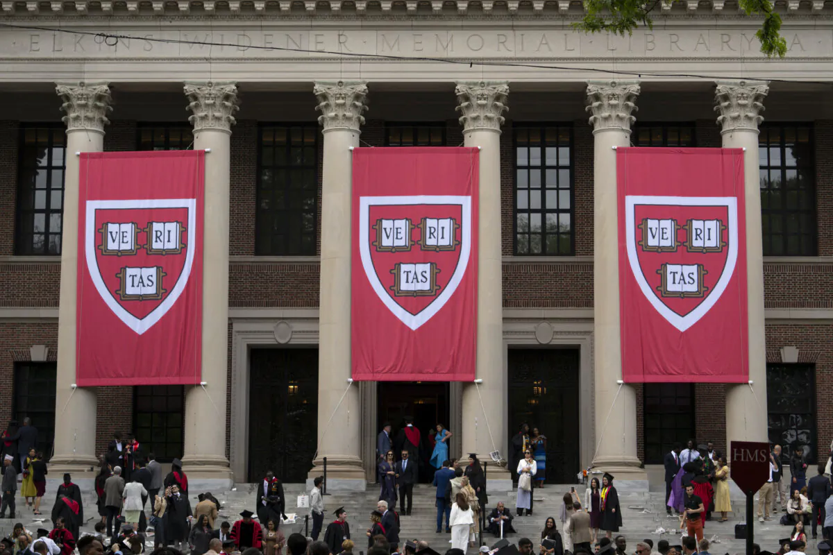 Harvard banners at Widener Library during the 374th Harvard Commencement in Harvard Yard in Cambridge, Mass., on May 29, 2025. (Rick Friedman/AFP via Getty Images)