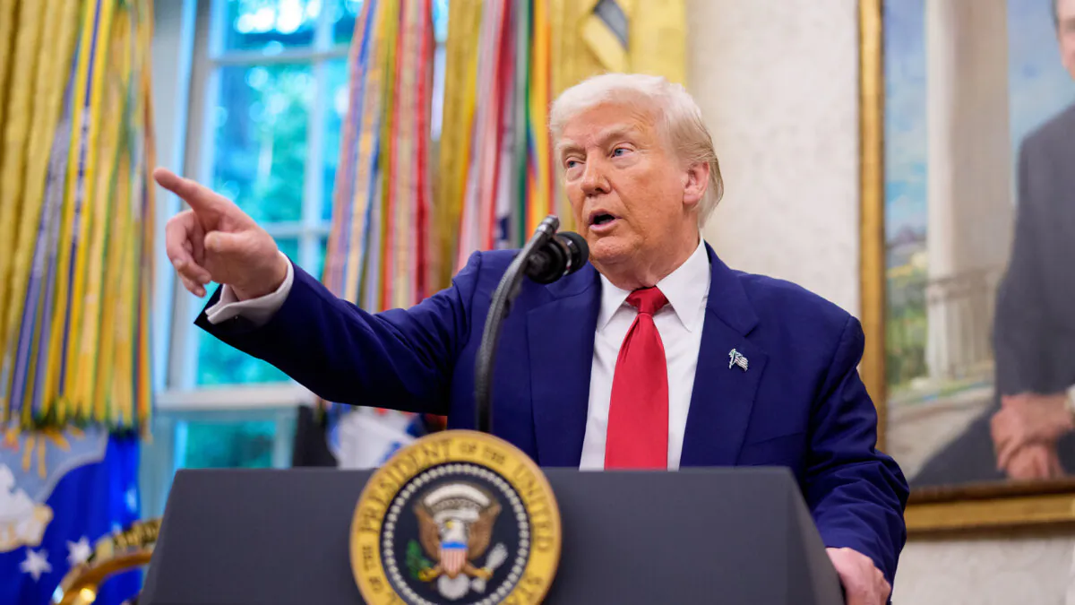 President Donald Trump takes a question during a swearing in ceremony in the Oval Office of the White House on May 28, 2025. (Andrew Harnik/Getty Images)