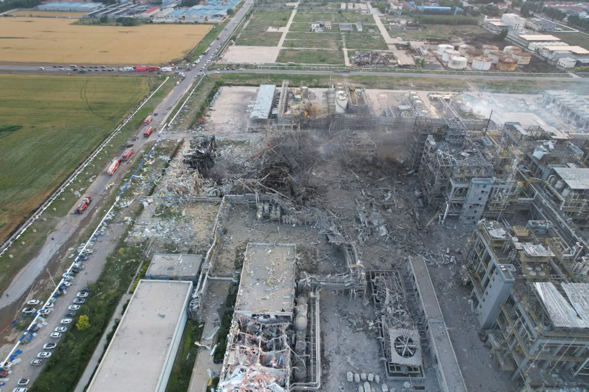 Aerial view of the explosion site at a workshop of Youdao Chemical Co, Ltd on May 27, 2025 in Gaomi, Weifang City, Shandong Province of China. (Liang Ben/China News Service/VCG via Getty Images)