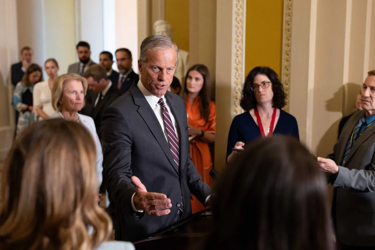 Senate Majority Leader John Thune (R-SD) speaks to reporters after his weekly policy luncheons at the US Captiol in Washington, DC, on May 20, 2025. (Tasos Katopodis/Getty Images)