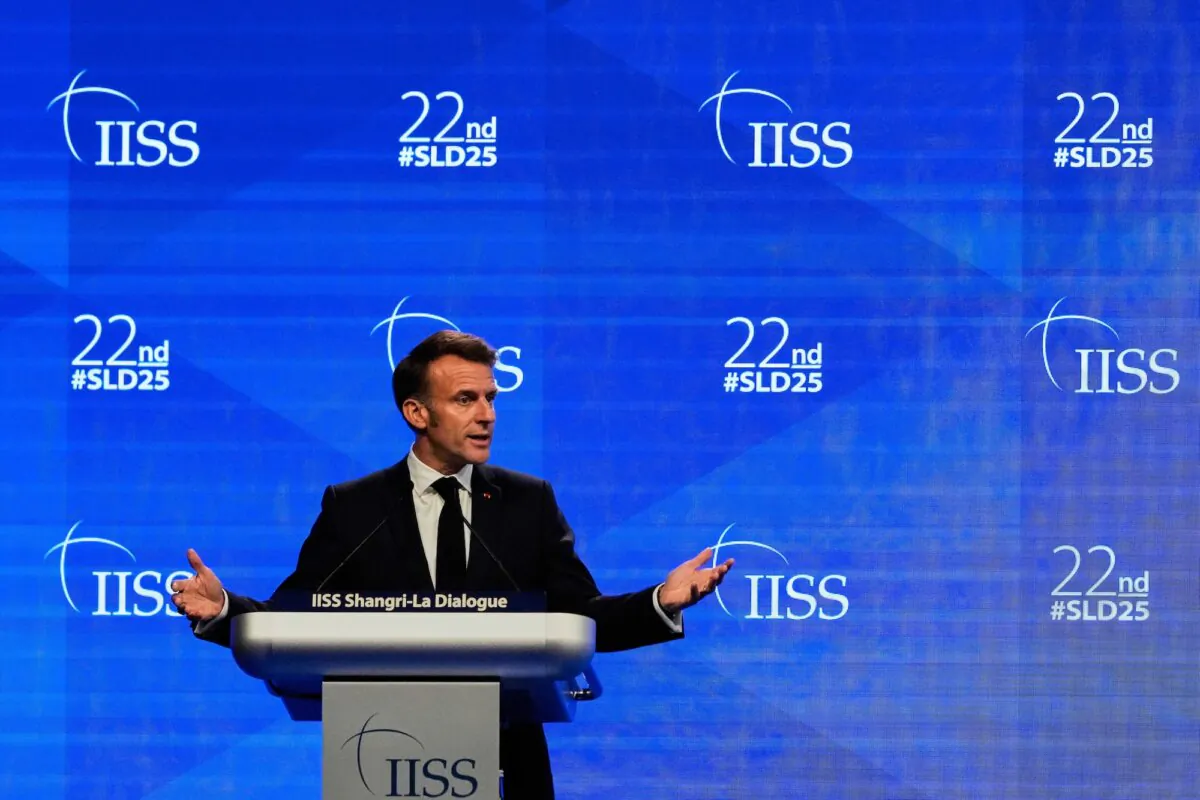 French President Emmanuel Macron delivers a speech during the 22nd Shangri-La Dialogue summit in Singapore, on May 30, 2025. (Anupam Nath/AP Photo)