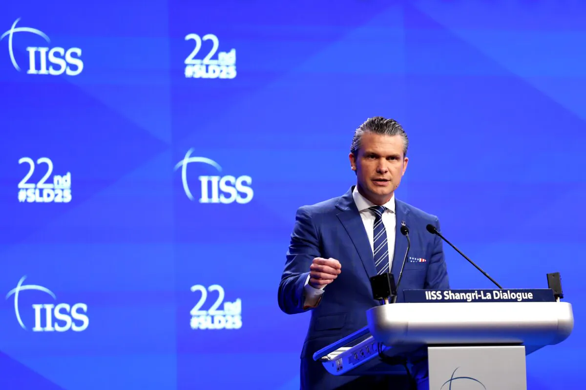 U.S. Secretary of Defense Pete Hegseth speaks in the first plenary session entitled “United States’ New Ambitions for Indo-Pacific Security” during the 22nd IISS Shangri-La Dialogue at the Shangri-La Hotel in Singapore on May 31, 2025. (Yong Teck Lim/Getty Images)