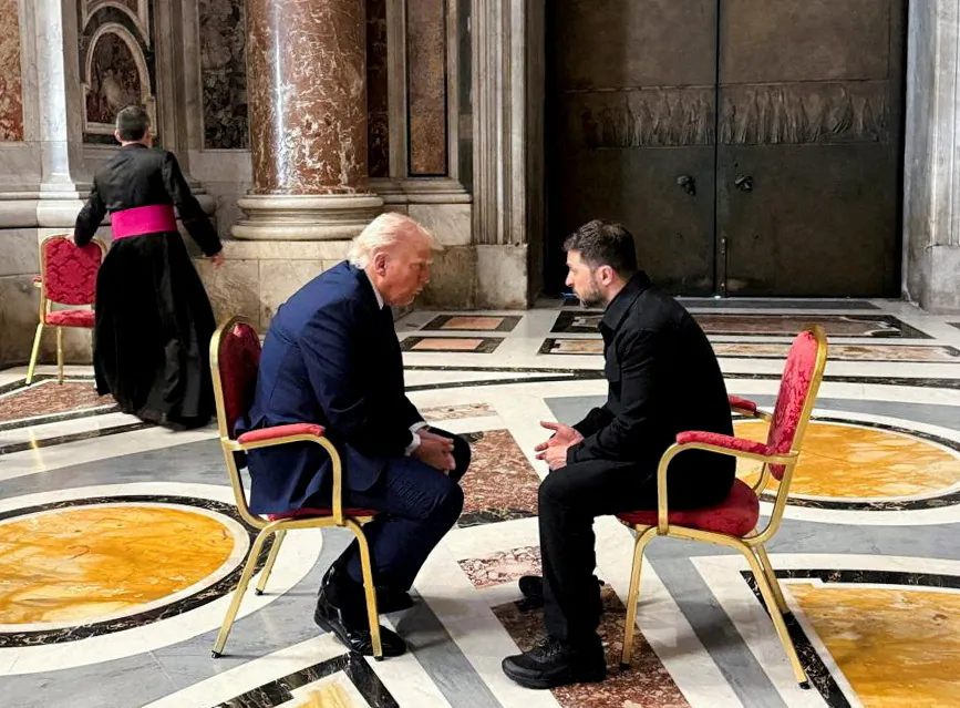Ukraine's President Volodymyr Zelenskyy and U.S. President Donald Trump meet, while they attend the funeral of Pope Francis, at the Vatican April 26, 2025. (Ukrainian Presidential Press Service/Handout via Reuters/File Photo)