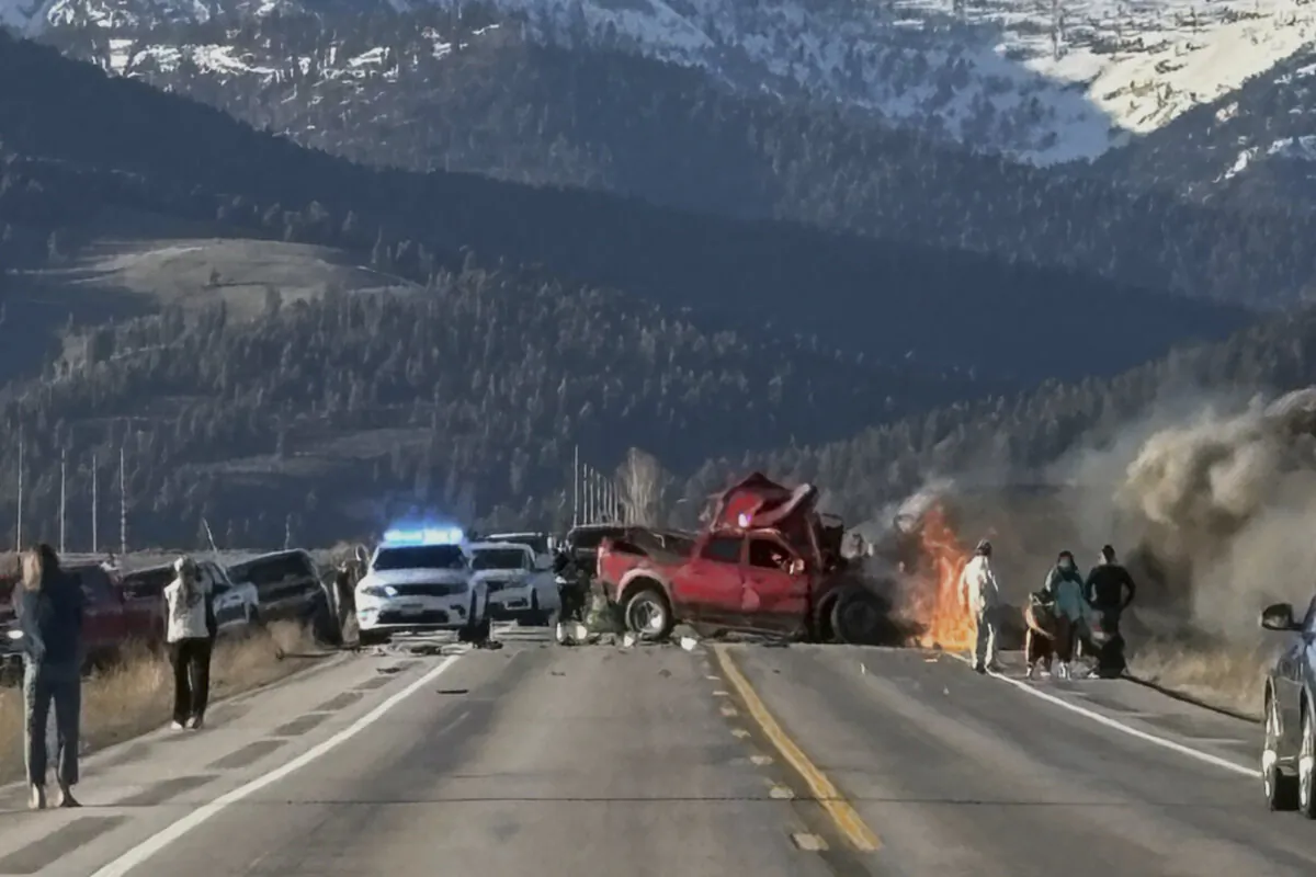 Rescue workers arrive to the scene after a deadly collision between a pickup truck and tour van near Henry’s Lake State Park in eastern Idaho on May 1, 2025. (Roger Merrill via AP)