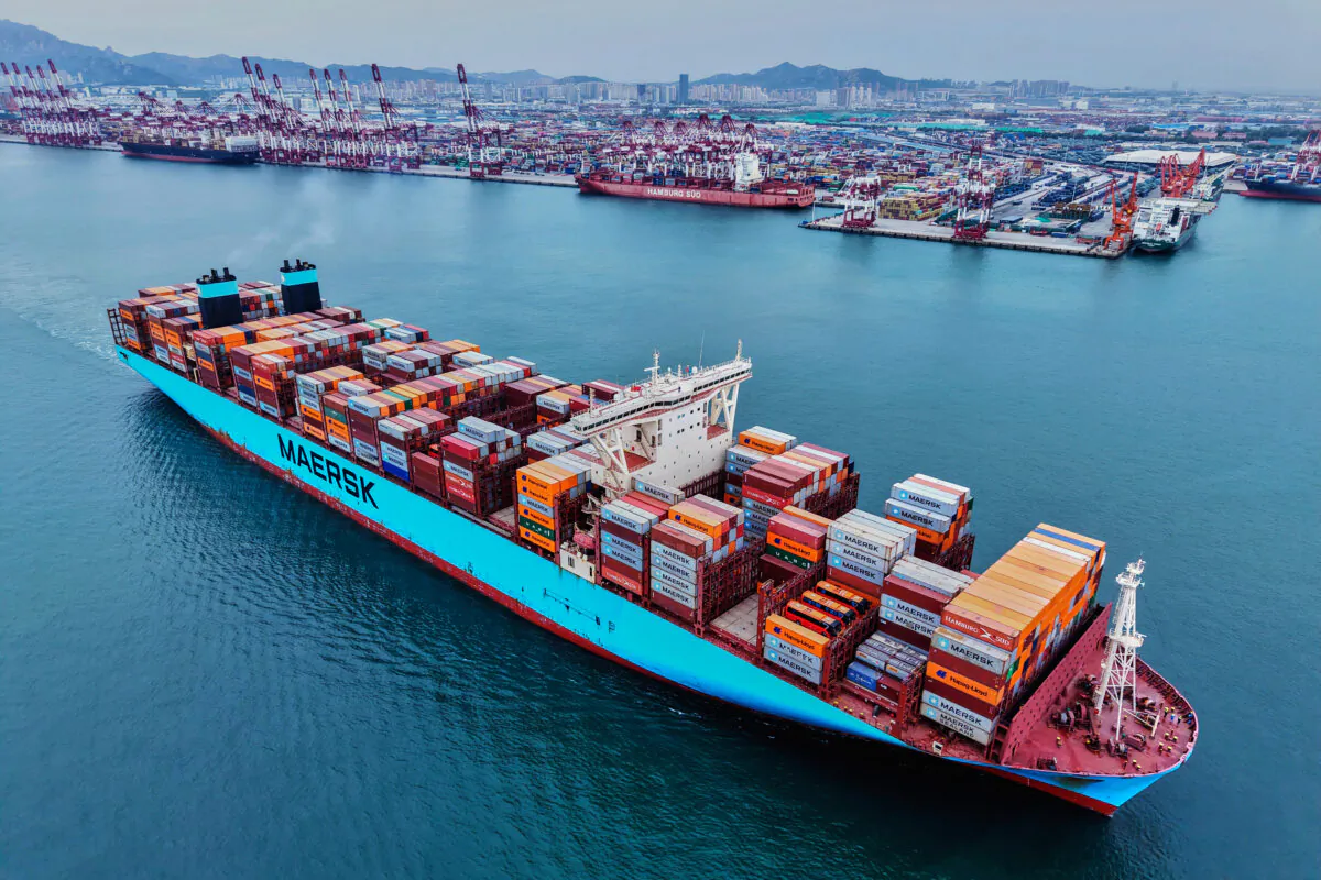 A container ship heads out from a port in Qingdao, east Shandong Province, China, on May 7, 2025. (Chinatopix Via AP)
