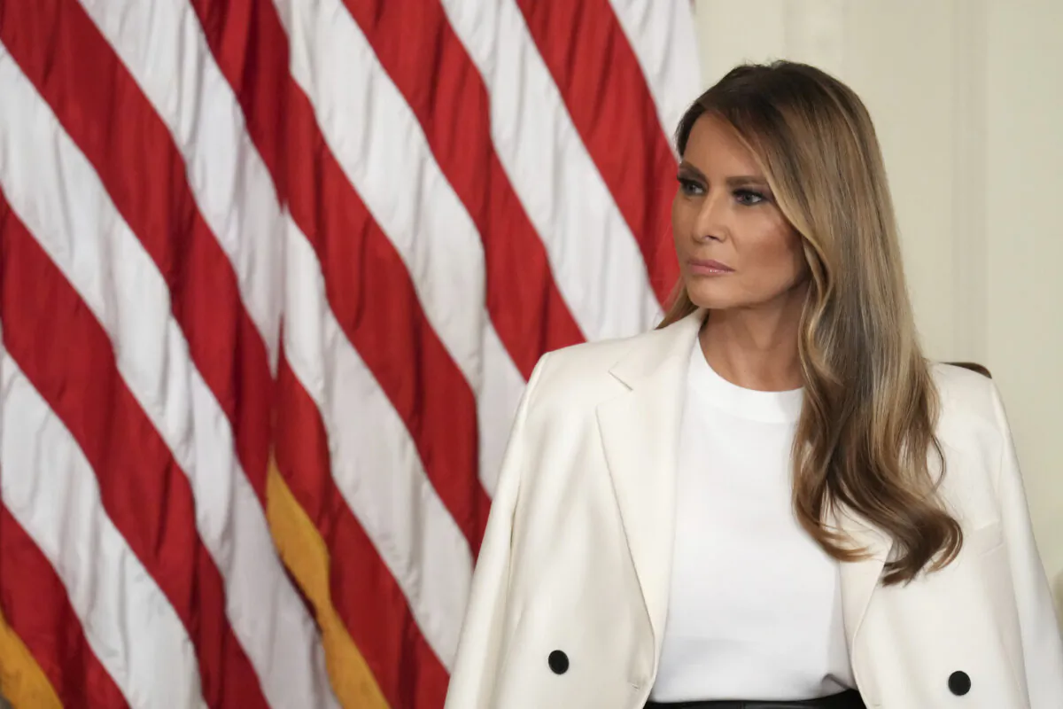 First lady Melania Trump attends an event unveiling a U.S. Postal Service Stamp honoring former first lady Barbara Bush, Thursday, May 8, 2025, in the East Room of the White House in Washington. (AP Photo/Jacquelyn Martin)