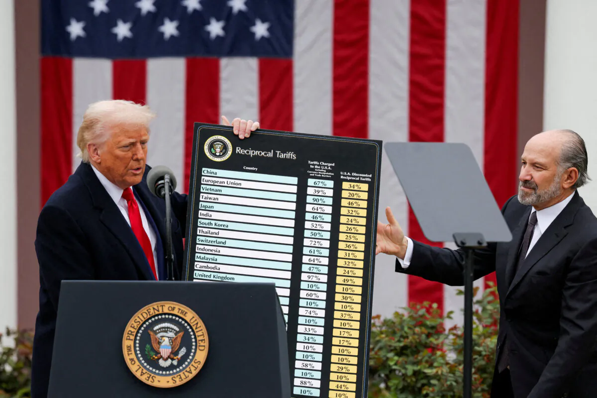 U.S. President Donald Trump holds a chart next to U.S. Secretary of Commerce Howard Lutnick as Trump delivers remarks on tariffs in the Rose Garden at the White House on April 2, 2025. (Carlos Barria/Reuters)