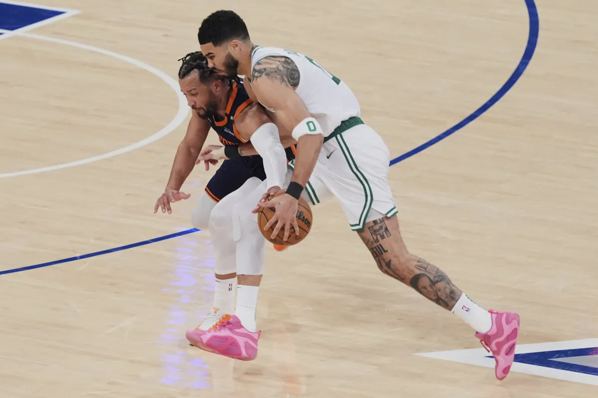 New York Knicks' Jalen Brunson (L) defends Boston Celtics' Jayson Tatum (R) during the first half of Game 4 in the Eastern Conference semifinals of the NBA basketball playoffs in New York on May 12, 2025. (Frank Franklin II/AP Photo)
