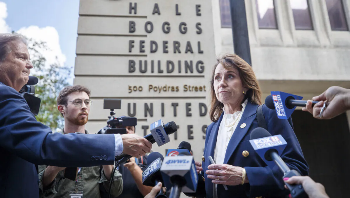 Louisiana Attorney General Liz Murrill talks with the media in front of the Hale Boggs Federal Building in New Orleans on May 19, 2025. (David Grunfeld/The Times-Picayune/The New Orleans Advocate via AP, File)