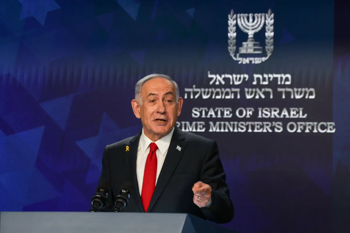 Israeli Prime Minister Benjamin Netanyahu speaks during a press conference in Jerusalem on May 21, 2025. (Ronen Zvulun/Reuters)