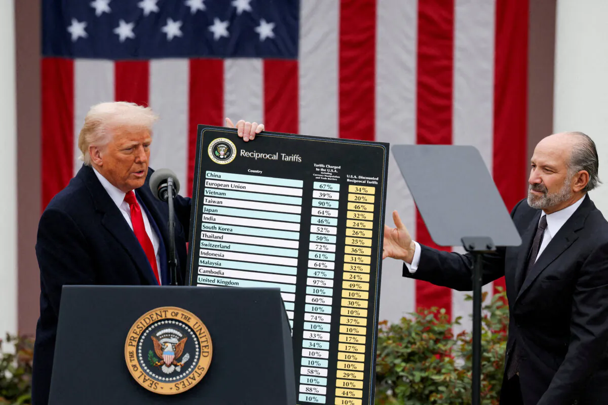 President Donald Trump holds a chart next to Secretary of Commerce Howard Lutnick (R) as Trump delivers remarks on tariffs in the Rose Garden at the White House in Washington, on April 2, 2025. (Carlos Barria/Reuters)