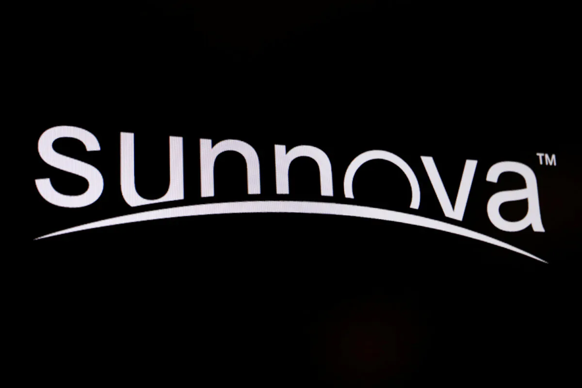 The logo of Sunnova Energy International Inc. on a screen during the company's IPO on the floor of the New York Stock Exchange in New York City on July 25, 2019. (Brendan McDermid/Reuters) 