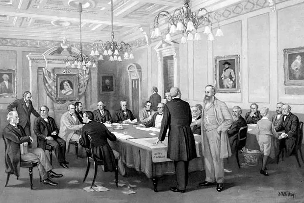 The Fathers of Confederation at the London Conference in 1866, by John David Kelly. (Public Domain)