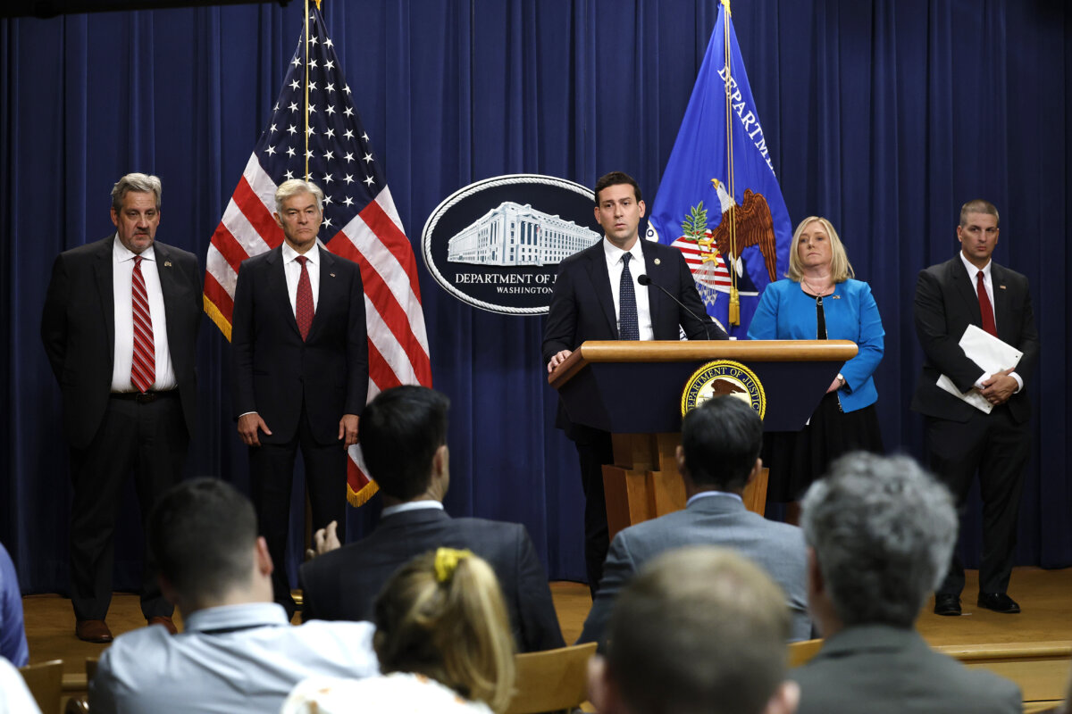 Matthew Galeotti, head of the Justice Department’s Criminal Division, delivers remarks during a press conference at the U.S. Department of Justice in Washington on June 30, 2025. (Kevin Dietsch/Getty Images)