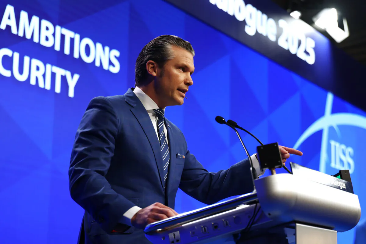 U.S. Secretary of Defense Pete Hegseth speaks during the 22nd International Institute for Strategic Studies Shangri-La Dialogue in Singapore on May 31, 2025. (Yong Teck Lim/Getty Images)