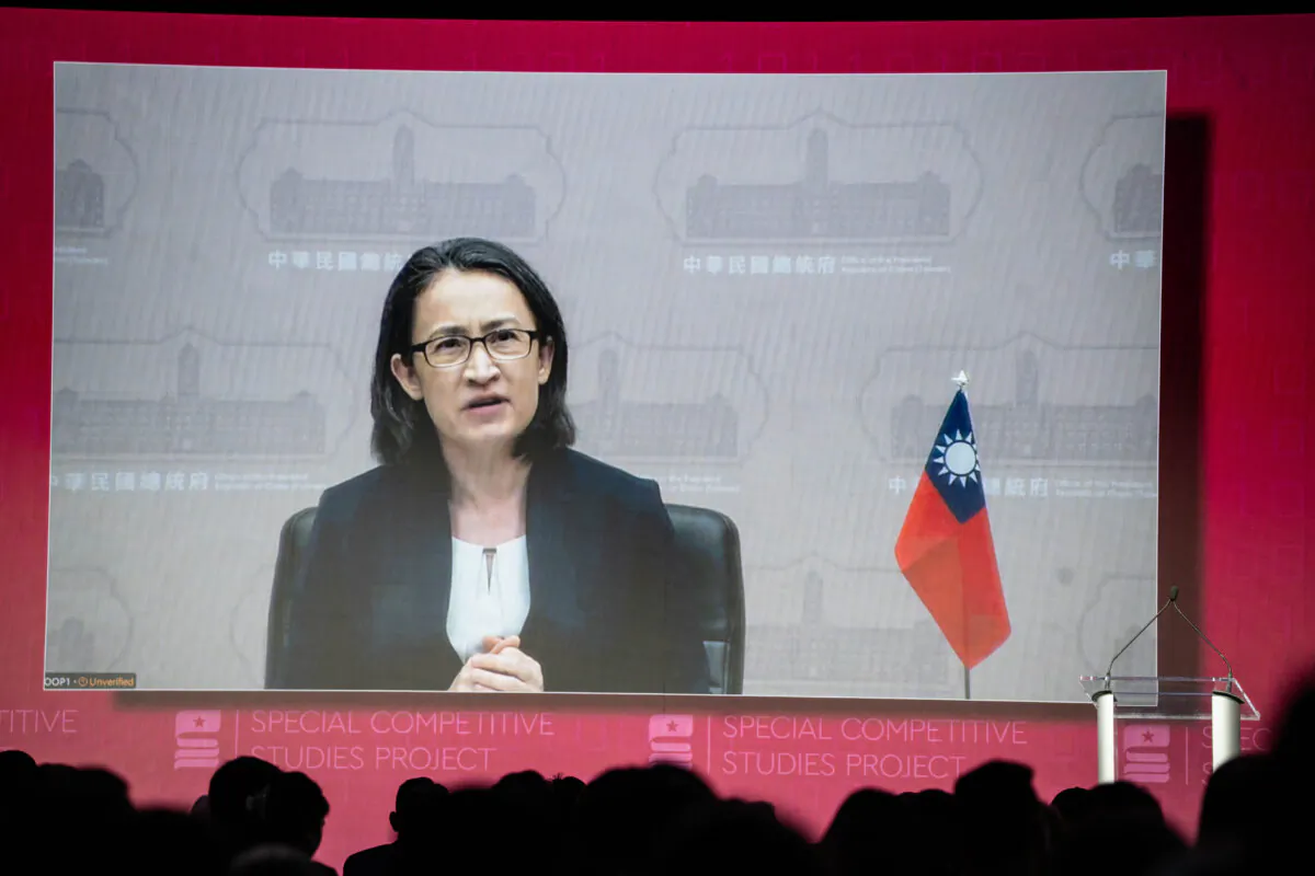 Taiwanese Vice President Hsiao Bi-Khim joins online to speak during the AI+Expo Special Competitive Studies Project in Washington on June 2, 2025. (Madalina Vasiliu/The Epoch Times)