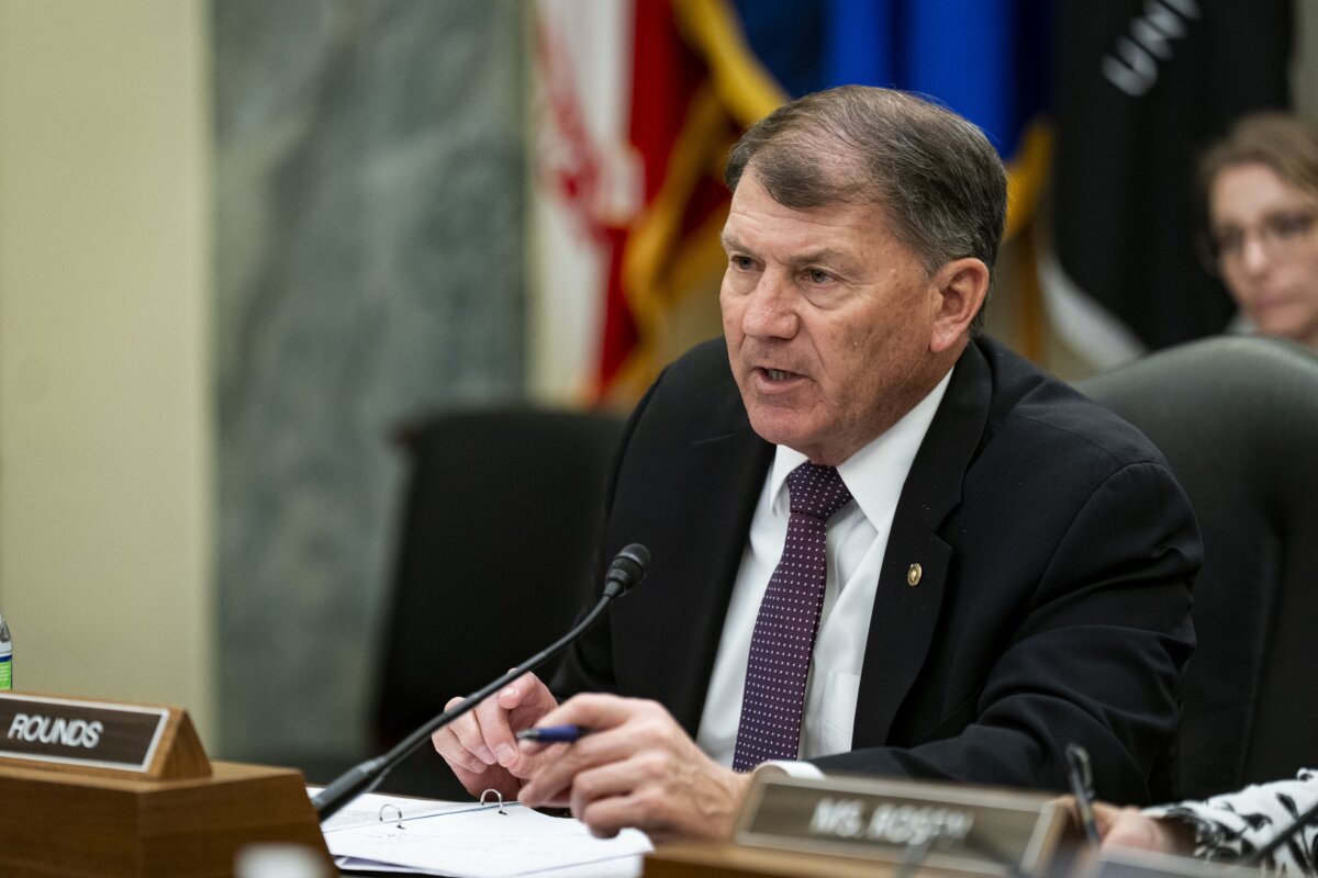 Sen. Mike Rounds (R-S.D.), chair of the Senate Armed Services Subcommittee on Cybersecurity, speaks during a hearing on Artificial Intelligence cyber capabilities, on Capitol Hill in Washington on March 25, 2025. (Al Drago/Getty Images)