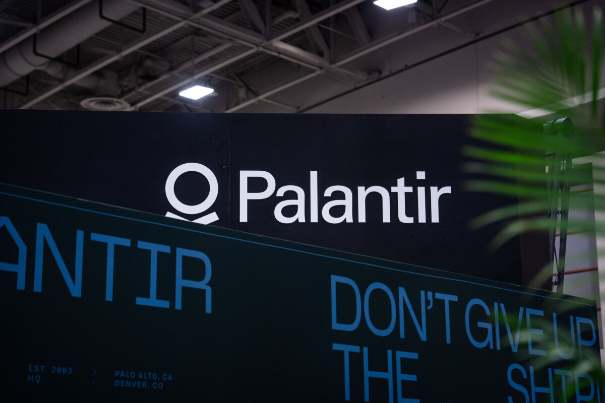Software company Palantir Technologies at a booth during the AI+Expo Special Competitive Studies Project in Washington on June 2, 2025. (Madalina Vasiliu/The Epoch Times)
