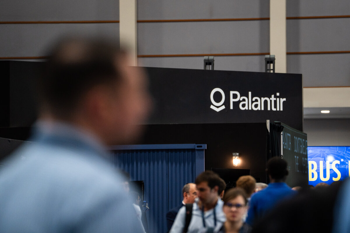 Software company Palantir Technologies at a booth during the AI+Expo Special Competitive Studies Project in Washington on June 2, 2025. (Madalina Vasiliu/The Epoch Times)