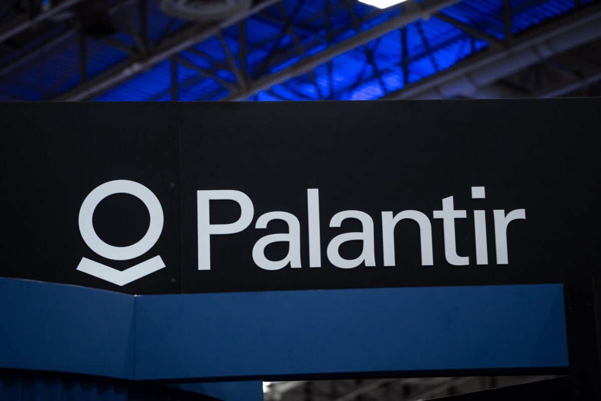 Software company Palantir Technologies at a booth during the AI+Expo Special Competitive Studies Project in Washington on June 2, 2025. (Madalina Vasiliu/The Epoch Times)