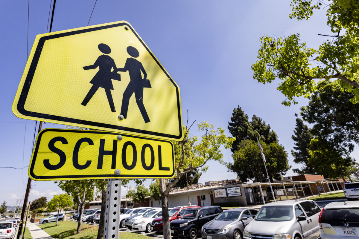 A school sign in Orange, Calif., on Aug. 15, 2023. (John Fredricks/The Epoch Times)
