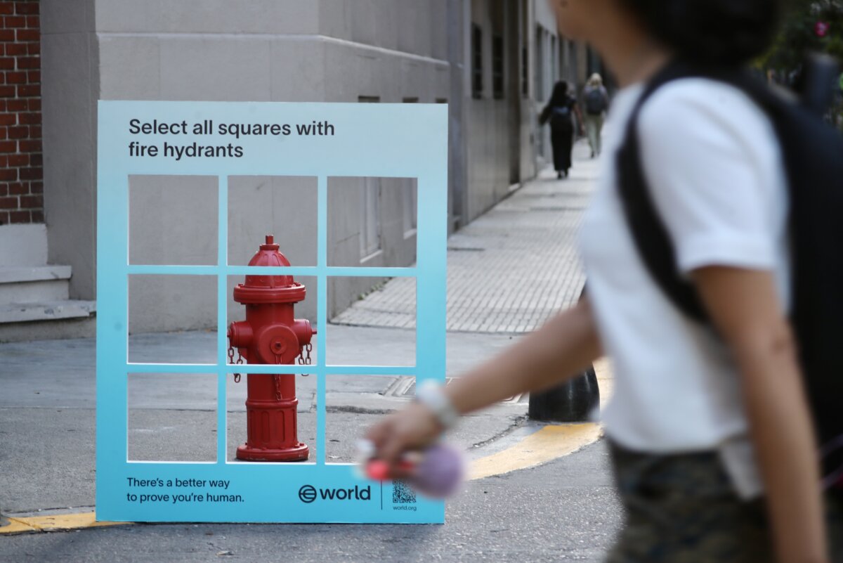 In this image released on April 15, 2025, of a public display featuring the security CAPTCHA tool. "Real World Captchas" featured life-sized on the streets of Berlin, Singapore and Buenos Aires in March 2025. (Marcos Brindicci/Getty Images for Tools for Humanity)
