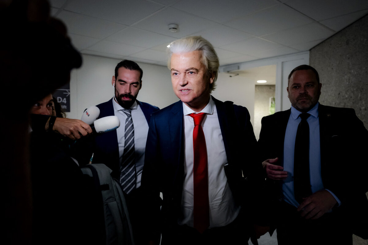 Dutch radical right party PVV leader Geert Wilders addresses the media as he arrives for the weekly coalition talks in the Lower House in The Hague, Netherlands, on June 3, 2025. (Robin Van Lonkhuijsen/ANP/AFP via Getty Images)