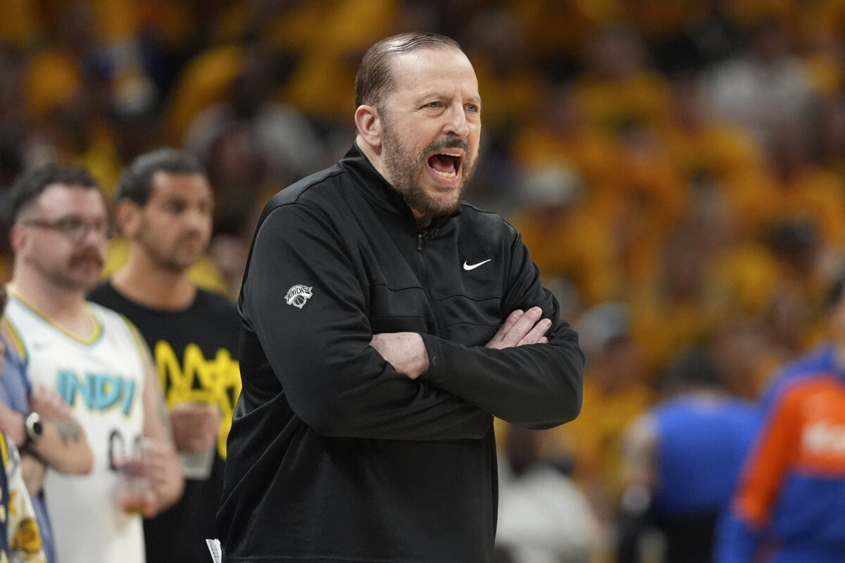 New York Knicks head coach Tom Thibodeau yells from the sideline during the first half of Game 6 of the Eastern Conference finals of the NBA basketball playoffs against the Indiana Pacers in Indianapolis pm May 31, 2025. (Michael Conroy/AP Photo)
