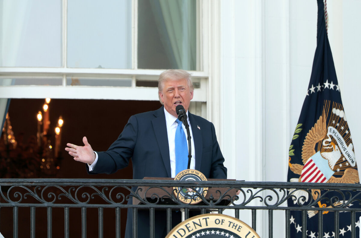 President Donald Trump speaks to guests from the South Portico of the White House on June 4, 2025. (Anna Moneymaker/Getty Images)
