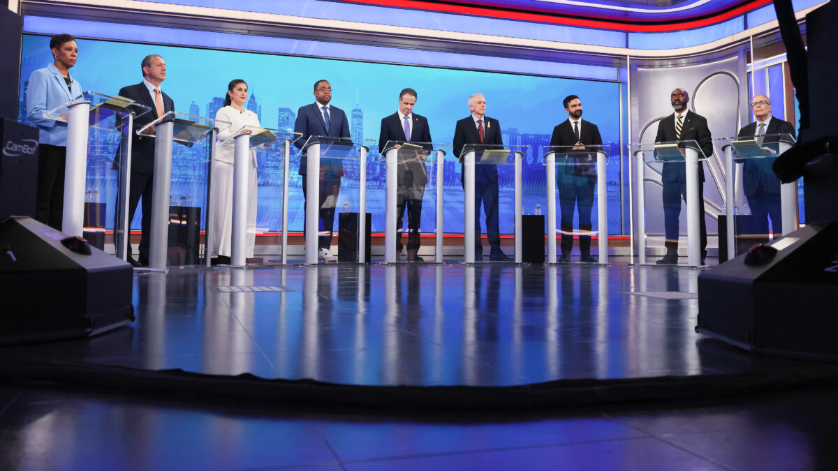 (L-R) Democratic mayoral candidates Adrienne Adams, Brad Lander, Jessica Ramos, Zellnor Myrie, Andrew Cuomo, Whitney Tilson, Zohran Mamdani, Michael Blake, and Scott Stringer participate in the New York City Democratic Mayoral Primary Debate at NBC Studios in New York City on June 4, 2025. (Yuki Iwamura-Pool/Getty Images)